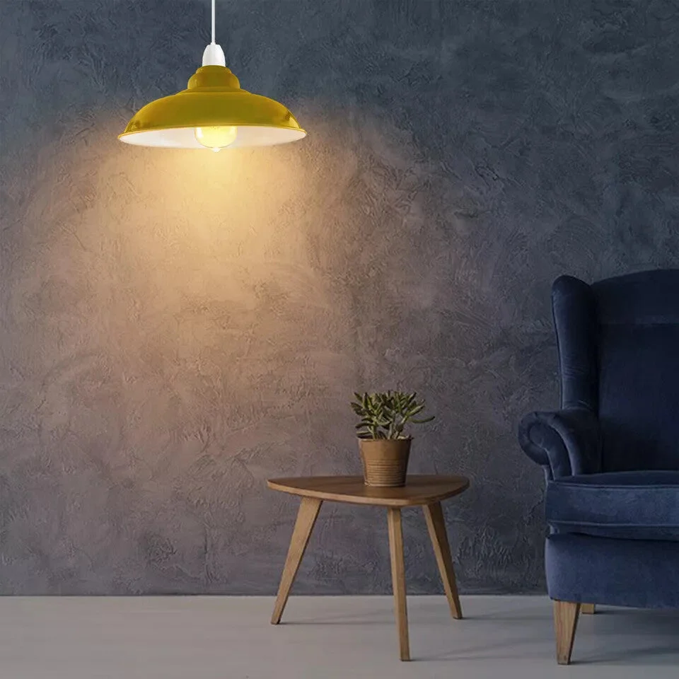 Yellow gloss semi-curvy metal pendant lamp shade with E27 fit, modern vintage style, 32cm diameter, rust-resistant finish