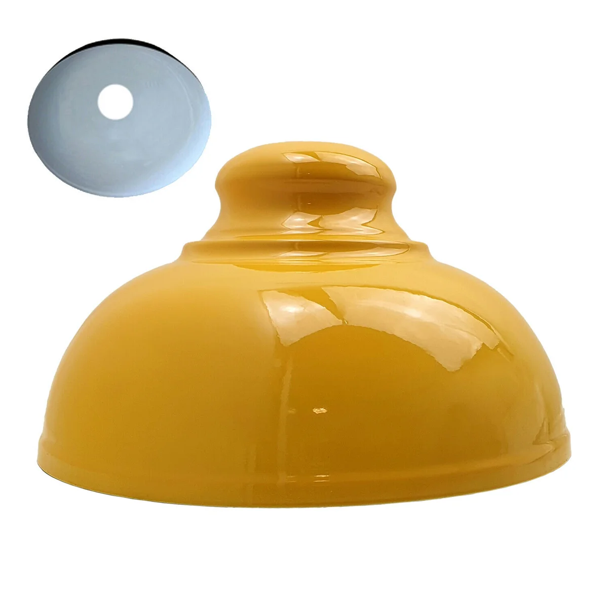 Curvy yellow pendant light shade made of metal with industrial concrete effect finish hanging from ceiling fixture