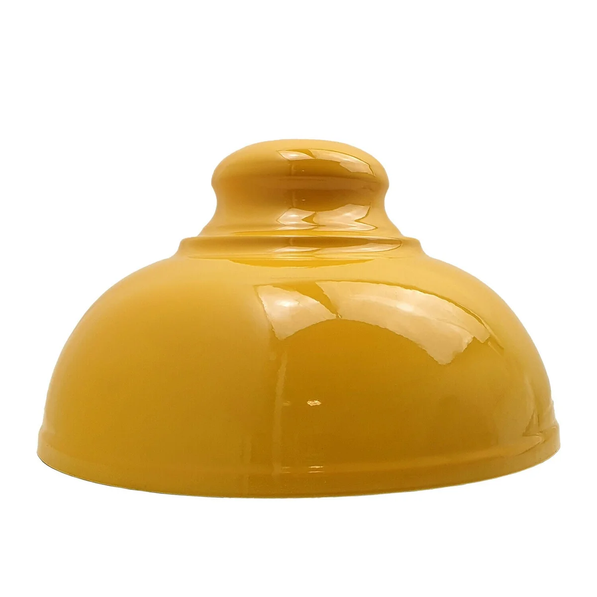 Yellow metal industrial style lamp shade with curvy design and concrete effect finish hanging from ceiling pendant