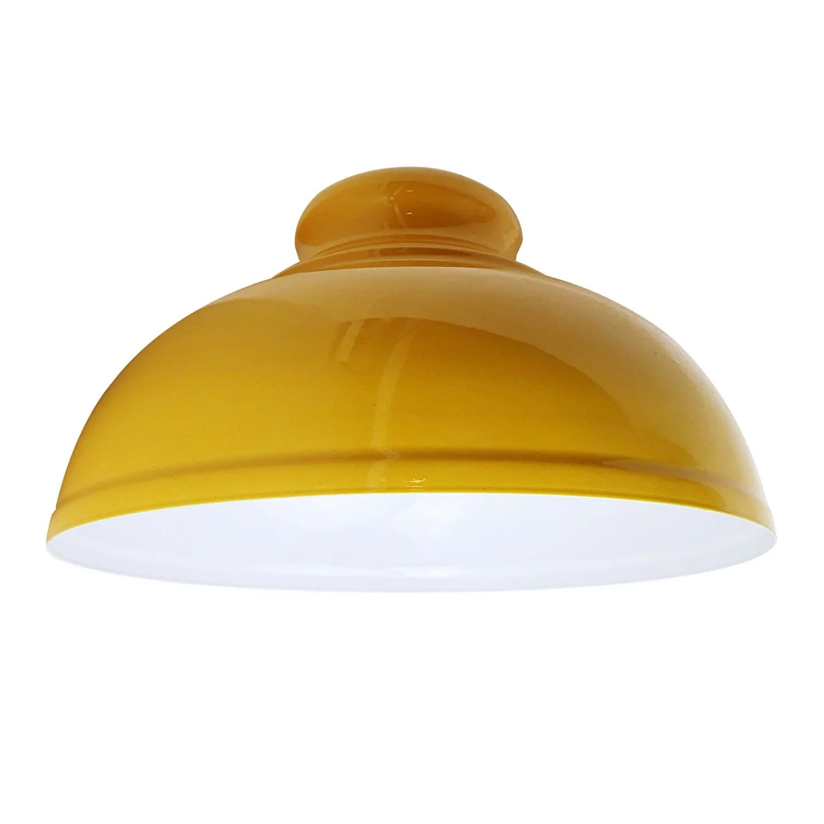 Yellow metal easy fit ceiling lampshade with curvy industrial design and concrete effect finish hanging indoors
