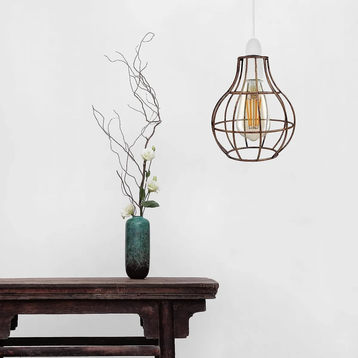 Brushed copper ceiling pendant with modern industrial metal vase cage lampshade, 18 cm high, easy-fit design
