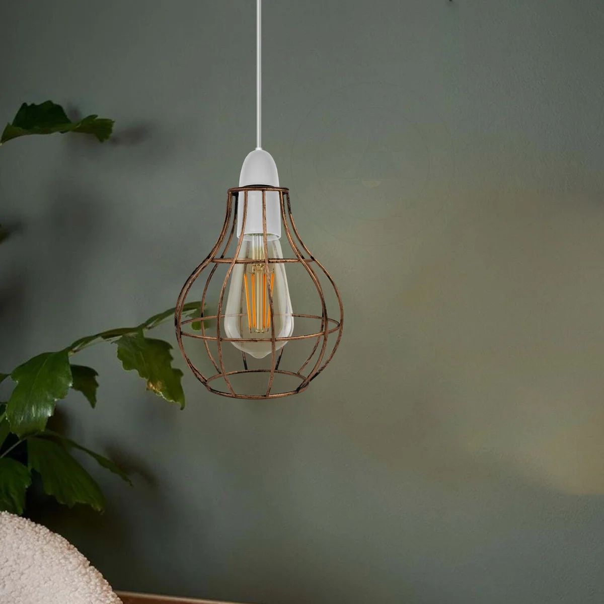 Brushed copper ceiling pendant with modern vase-shaped metal cage lampshade, 16cm wide, 18cm high, easy-fit design