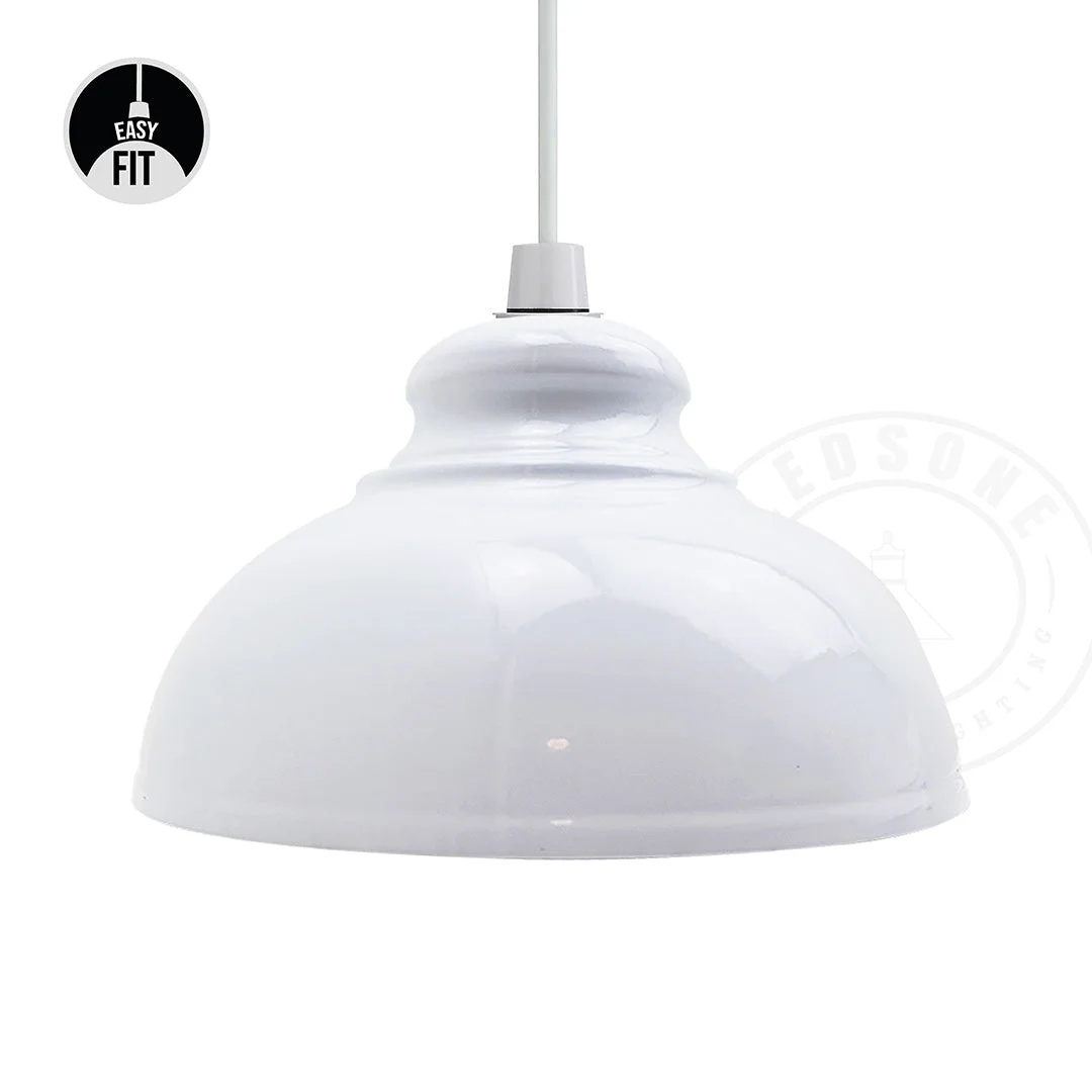 White retro style tapered metal ceiling pendant lampshade with concrete effect finish hanging against white background