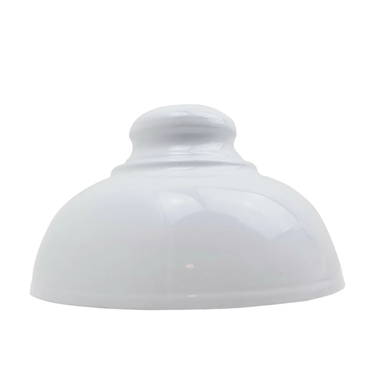 White retro style pendant light with tapered metal shade and concrete effect finish hanging from ceiling against white background