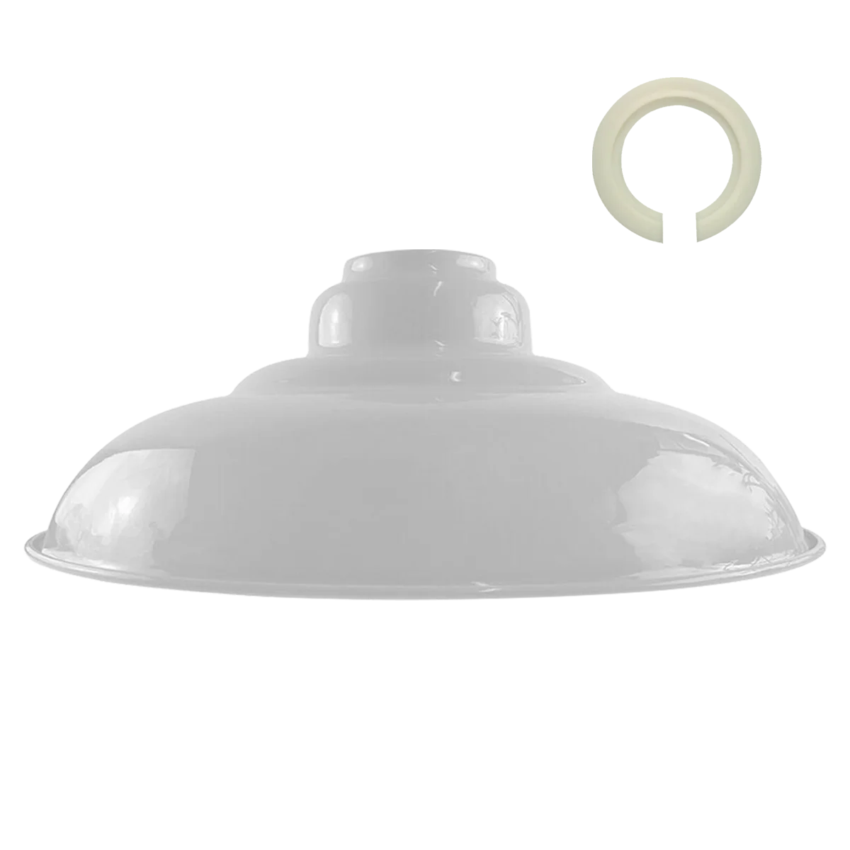 Curvy white industrial metal lampshade with gloss finish, designed for easy pendant light installation, no wiring needed