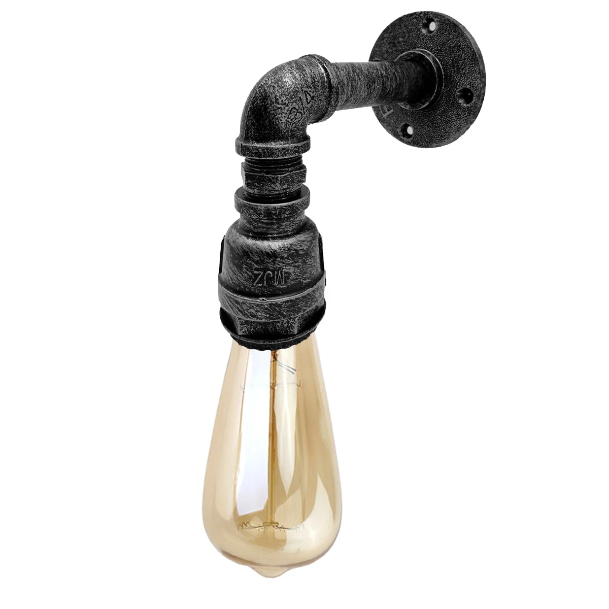 Retro industrial pipe wall sconce with metal frame and exposed bulb, ideal indoor vintage lighting for living spaces