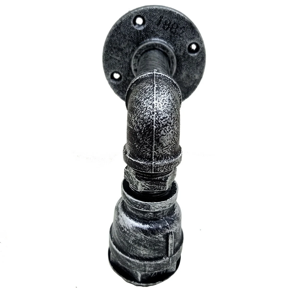Retro industrial wall light with metal pipe design and exposed bulb, mounted on a textured indoor wall background
