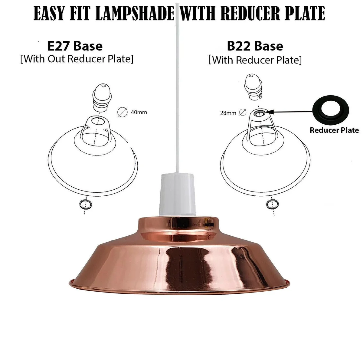 Vintage-style pendant ceiling lamp shade with electroplated metal finish and white interior, 22cm diameter, indoor use