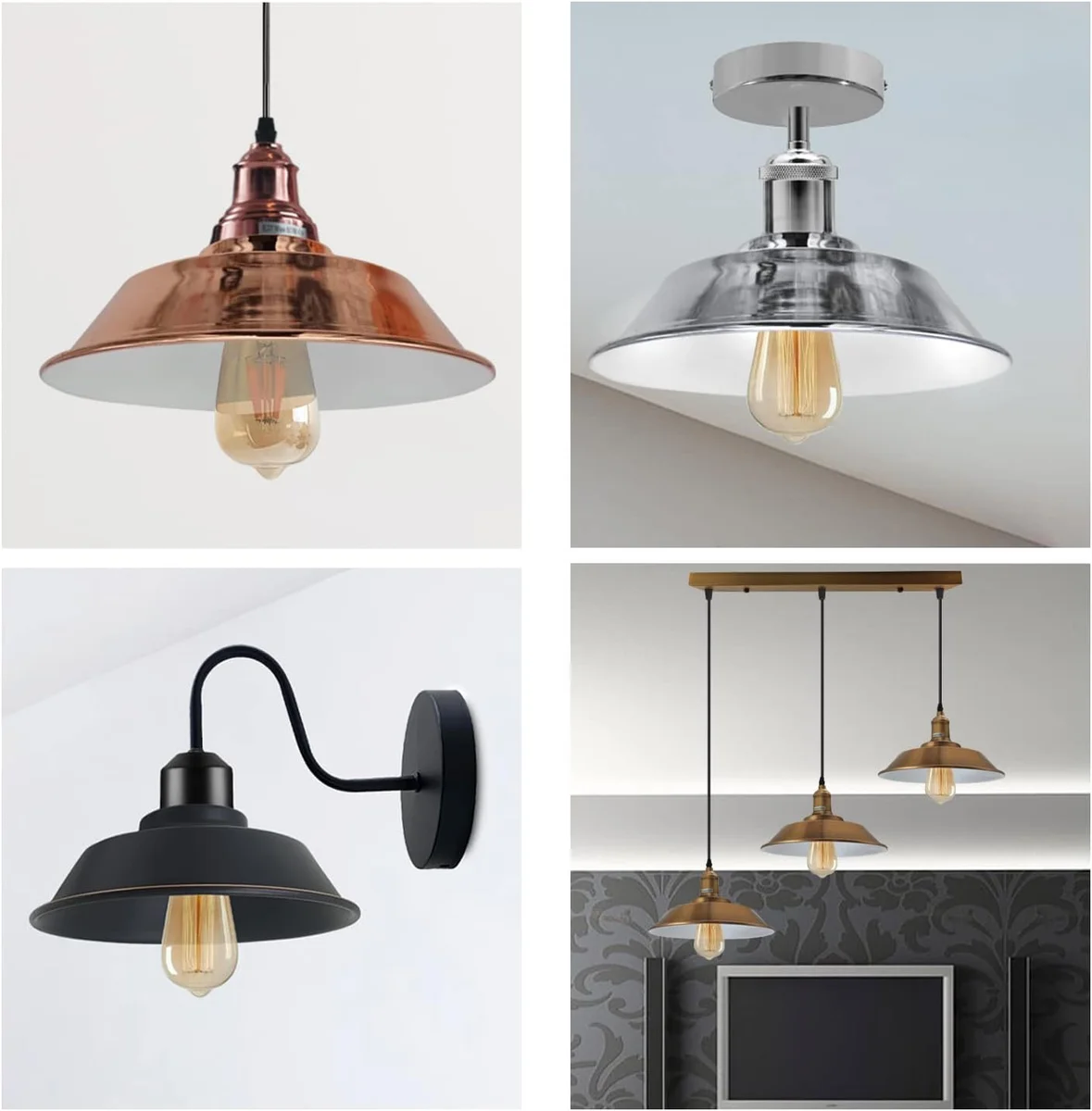 Vintage-style metal pendant ceiling lamp shade with 22cm diameter and white interior for enhanced lighting