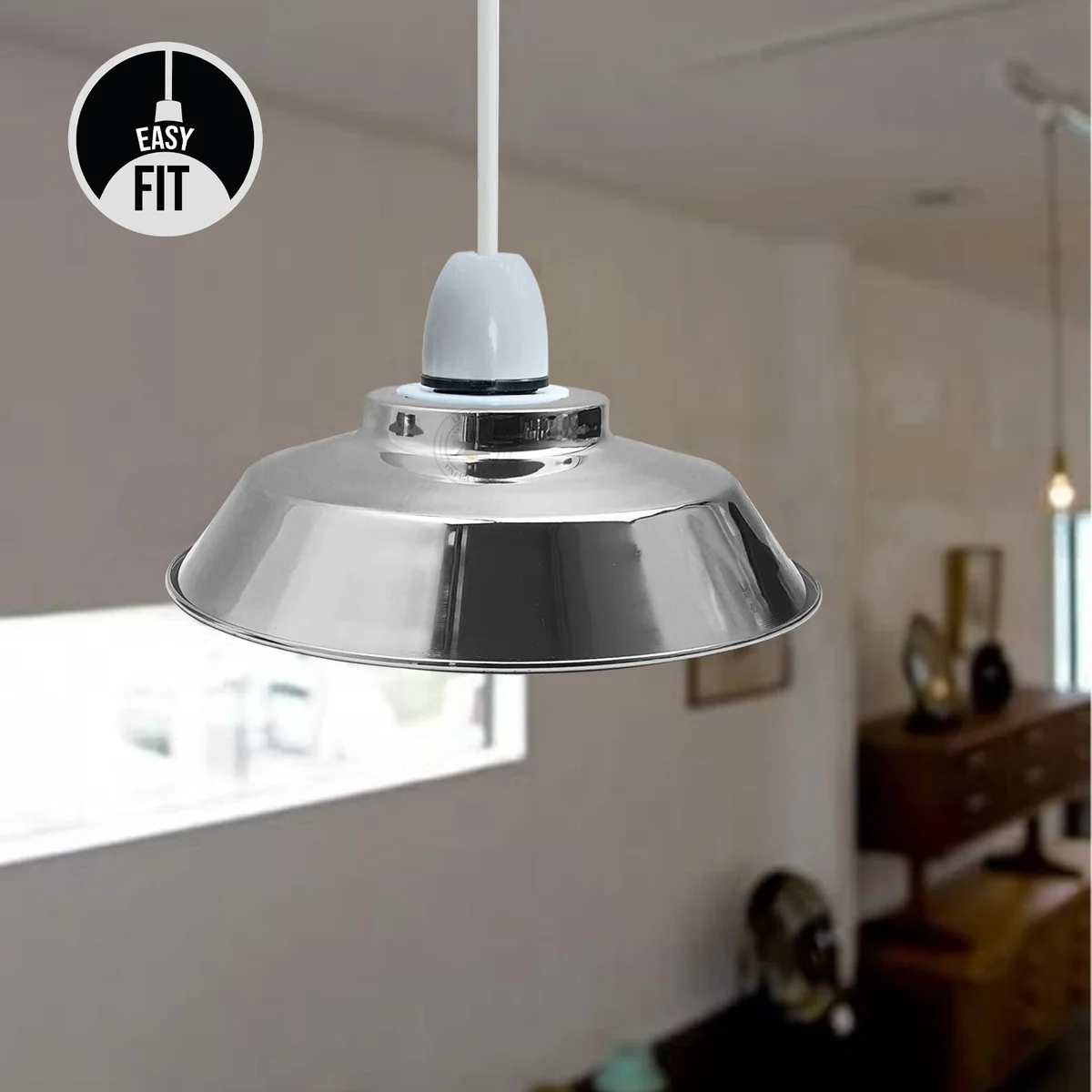Satin nickel metal dome shade with white interior, easy fit ceiling pendant for modern vintage style lighting