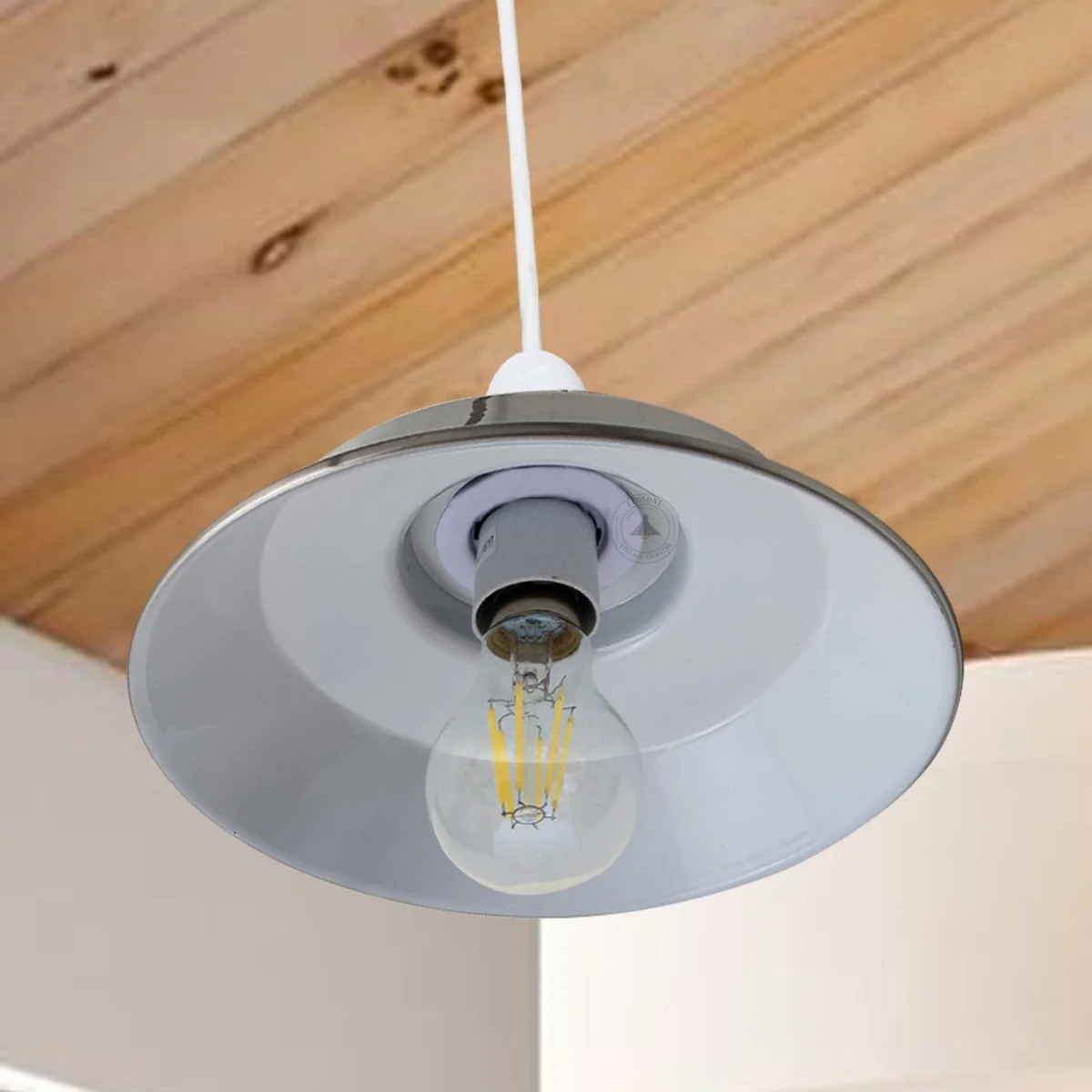 Satin nickel industrial style light shade with sleek dome design and brushed finish, ideal for modern ceilings