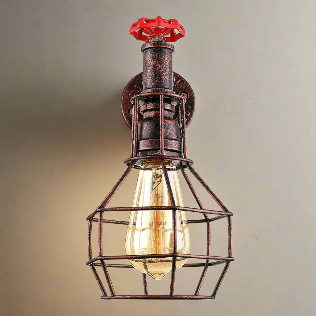 Retro industrial wall sconce with rustic metal cage and E27 bulb, designed for vintage and industrial décor lighting.