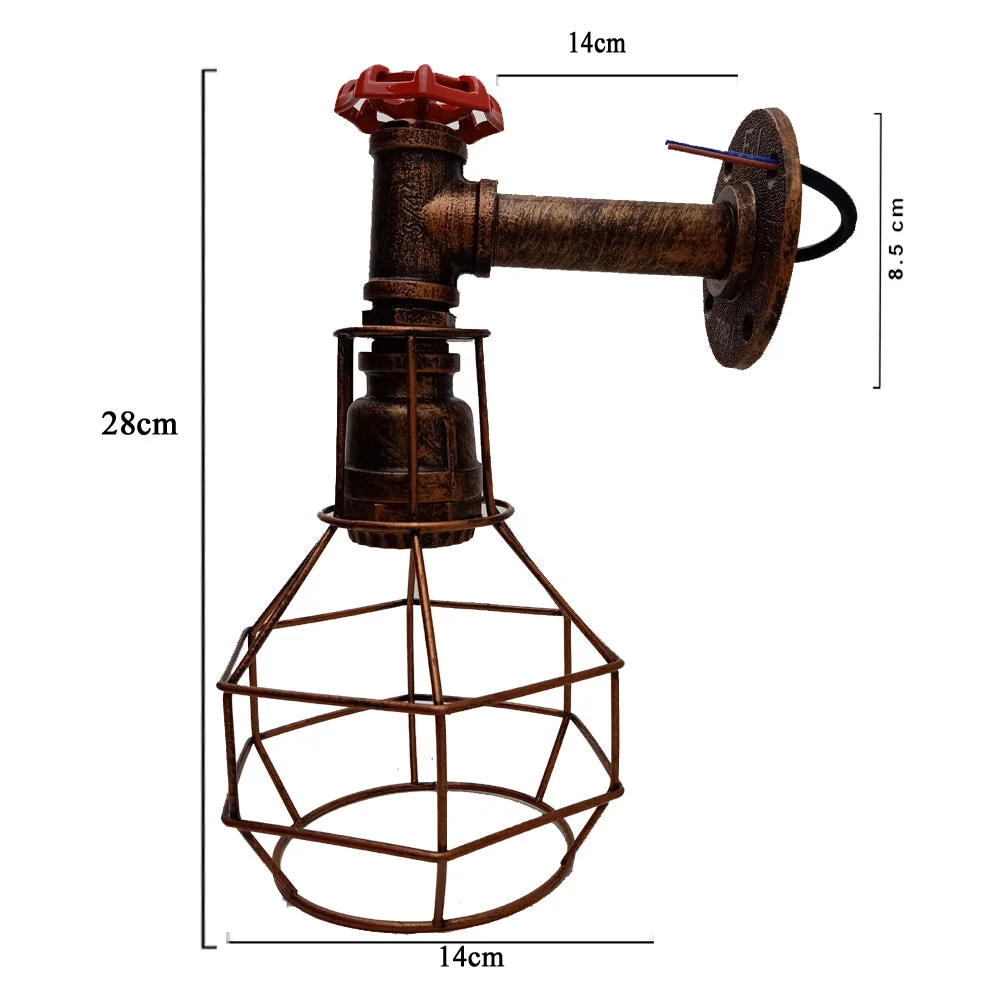 Retro industrial metal cage wall light with rustic finish and E27 bulb holder mounted on a white wall