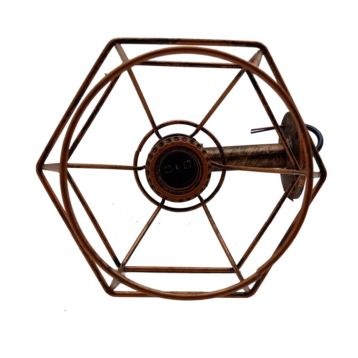 Vintage wall light with rustic metal cage and E27 bulb mounted on a textured industrial-style wall bracket