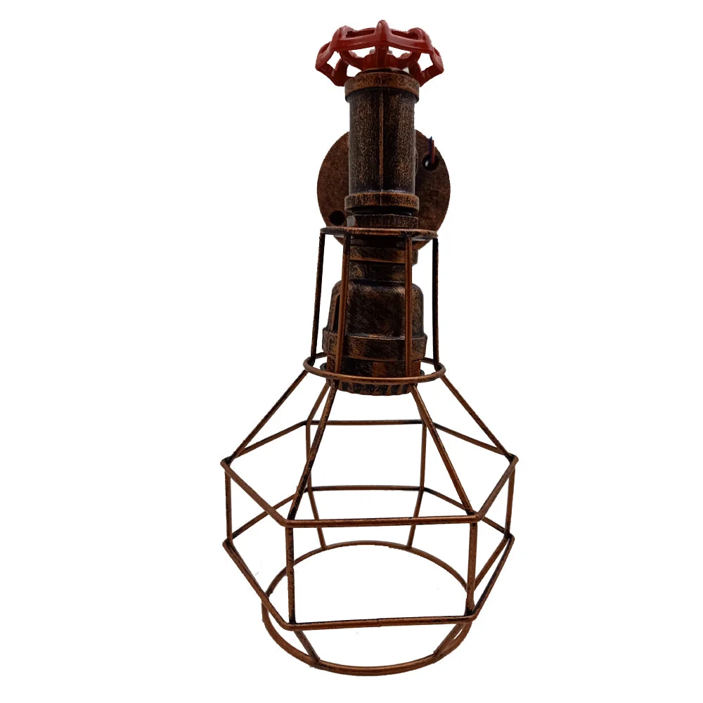 Retro industrial wall sconce with rustic metal cage, mounted on wall, showcasing vintage candle-style E27 bulb light