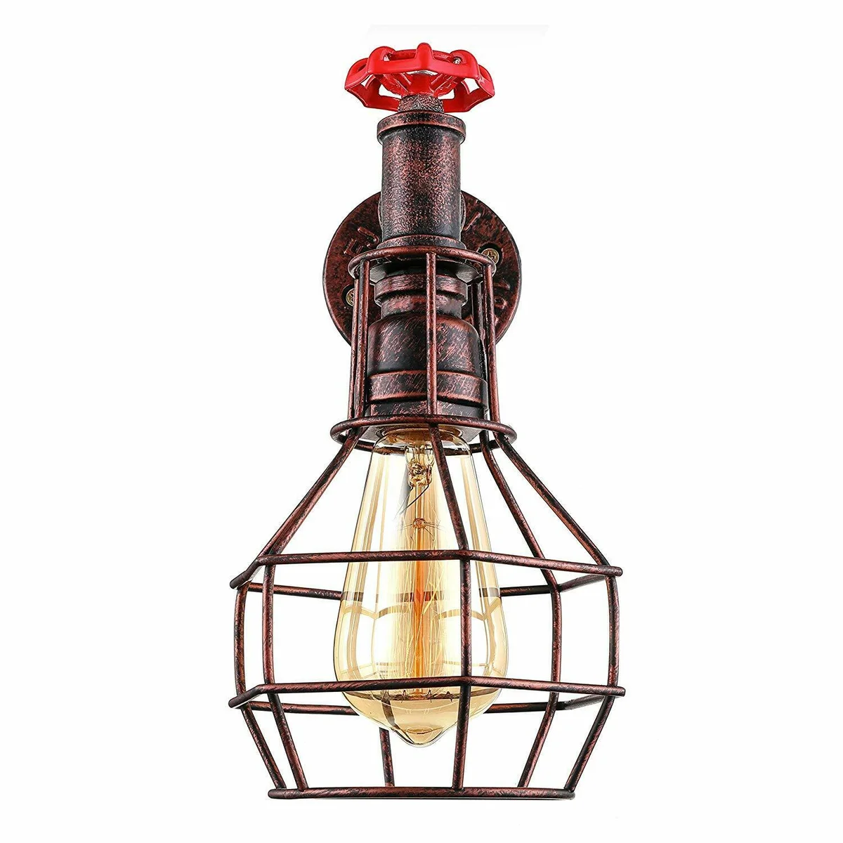 Retro industrial wall sconce with rustic metal cage and E27 bulb, mounted on a textured wall in vintage style