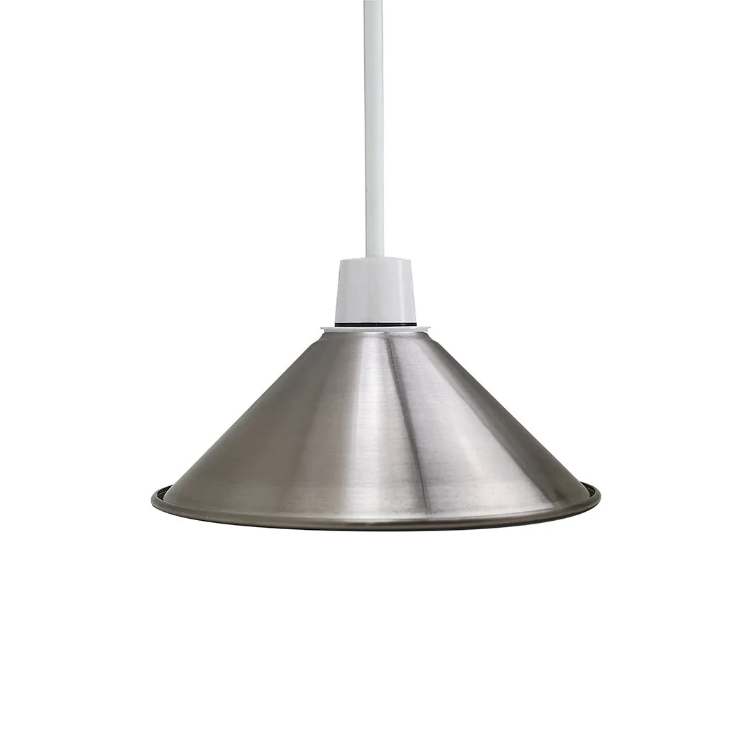 Satin nickel pendant lamp shade in cone shape with smooth metal finish, suitable for E27 bulb holders, modern industrial style