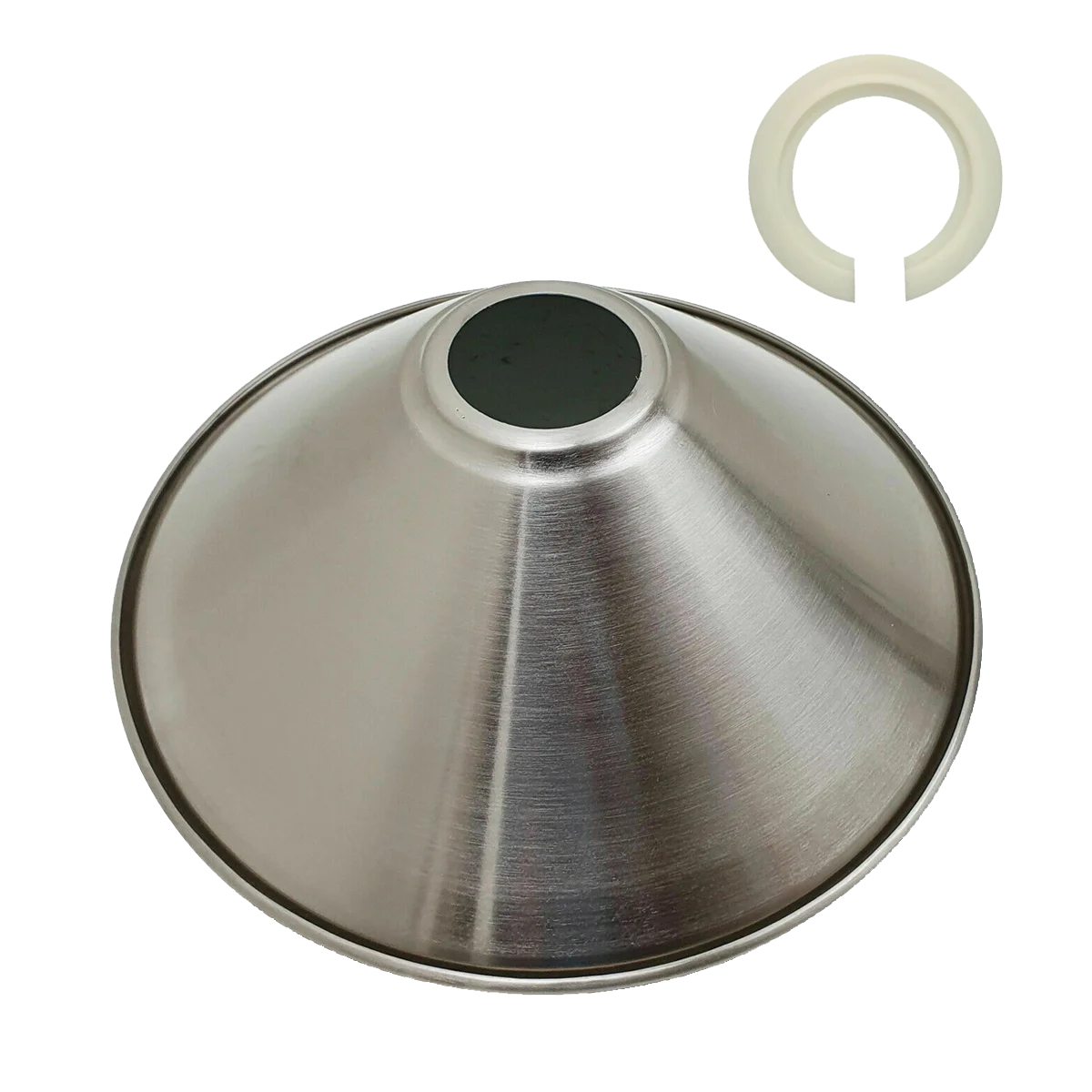 Satin nickel cone metal lamp shade with smooth finish and E27 fitting, showing retro industrial design and compact size