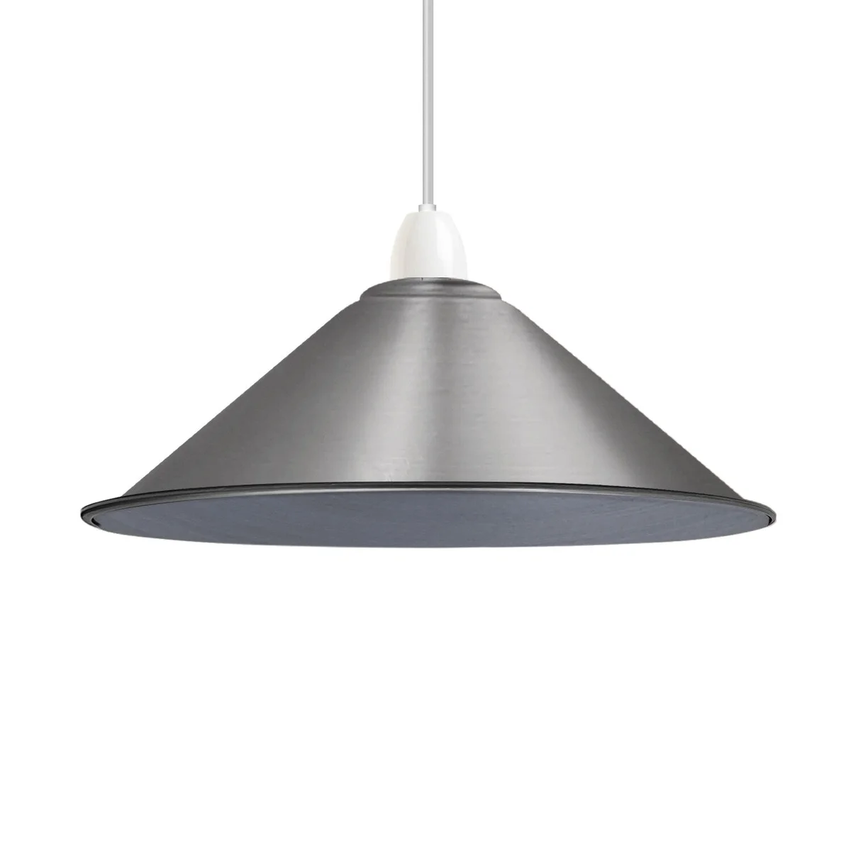 Satin nickel cone indoor metal lamp shade with E27 fitting, modern vintage industrial style, 22 cm diameter, 10 cm height