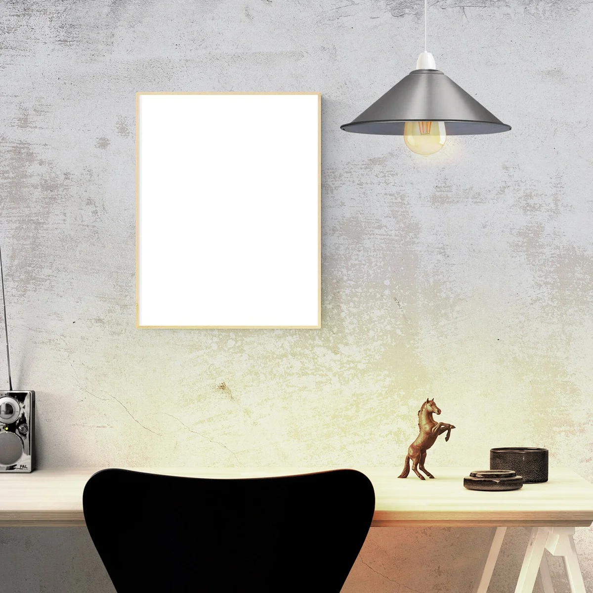 Satin nickel pendant lamp shade in cone shape with smooth metal finish, designed for E27 bulbs, shown hanging indoors