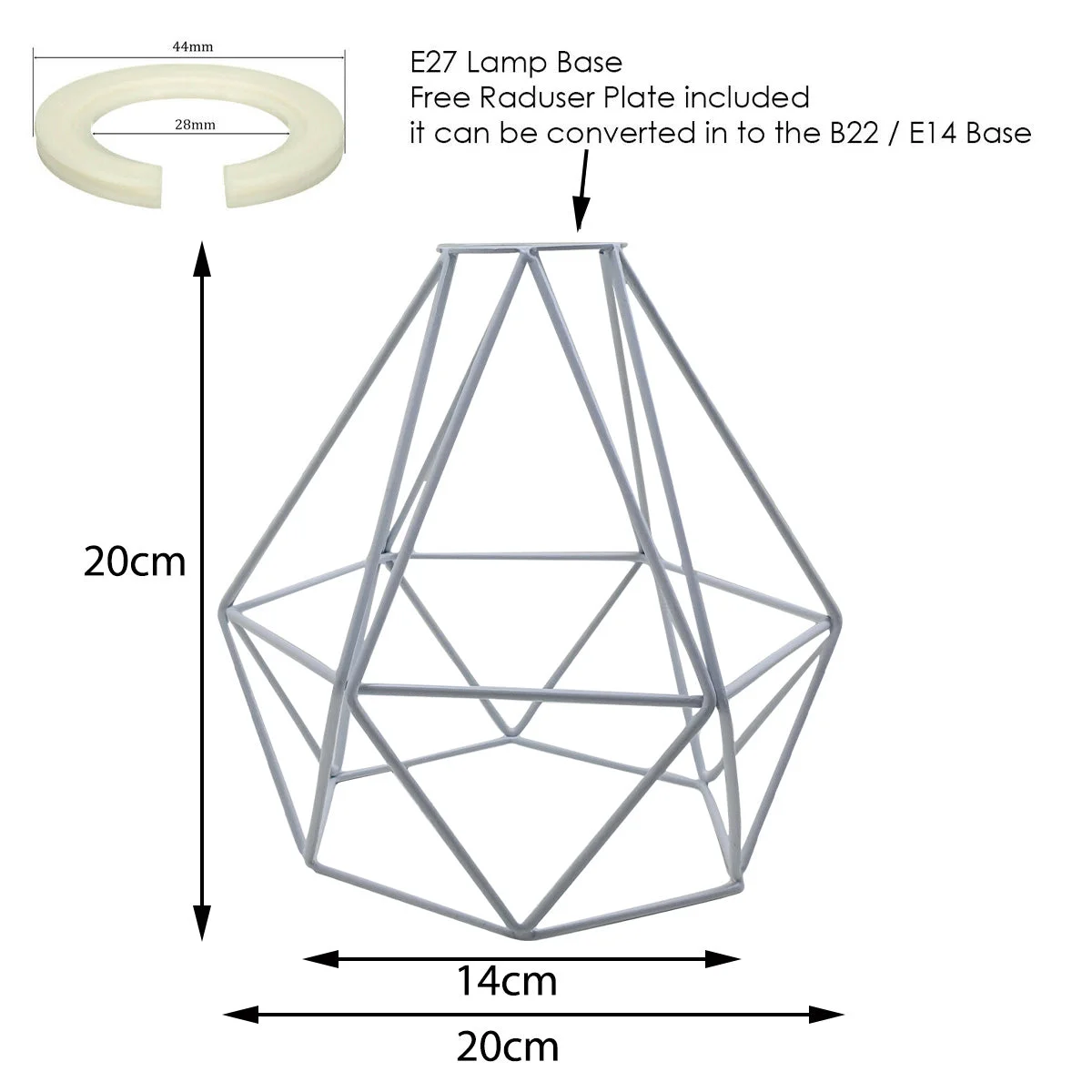 White metal lampshade with industrial diamond wire cage design, easy fit for ceiling pendant, 20cm height and width