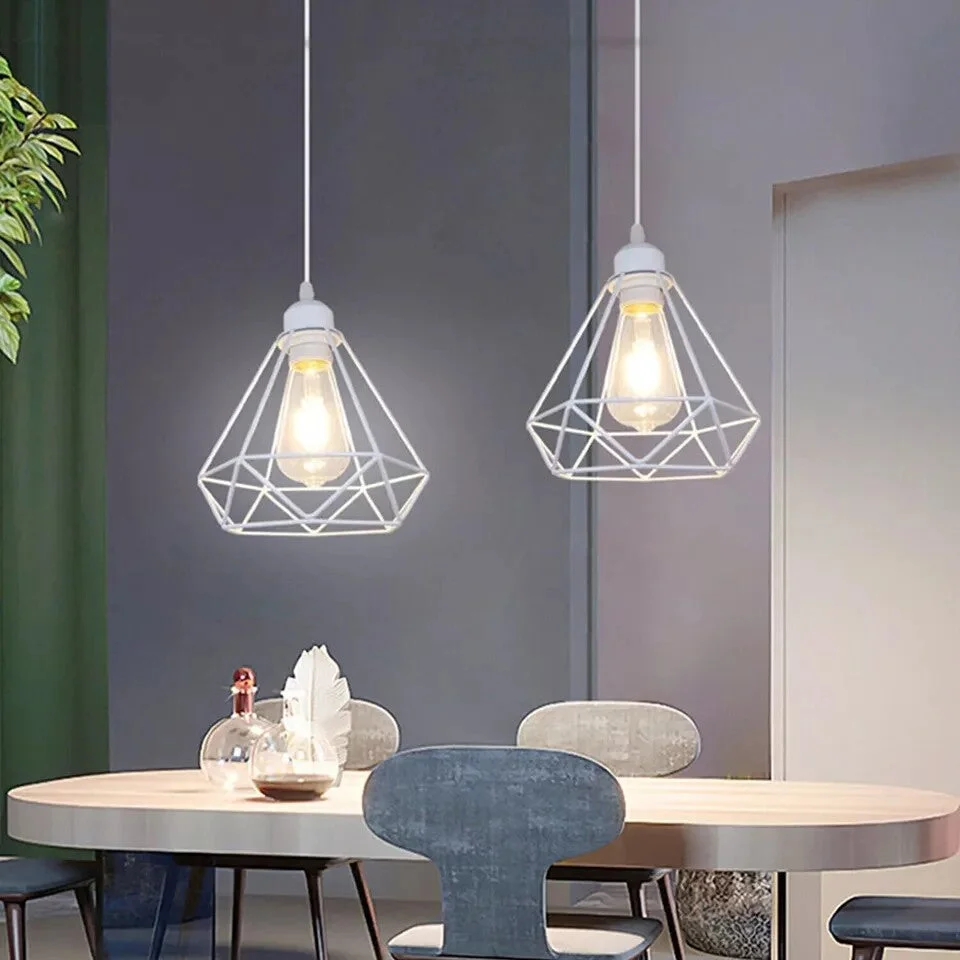 White diamond metal wire cage ceiling lampshade showcasing modern industrial lighting with easy fit design and painted finish