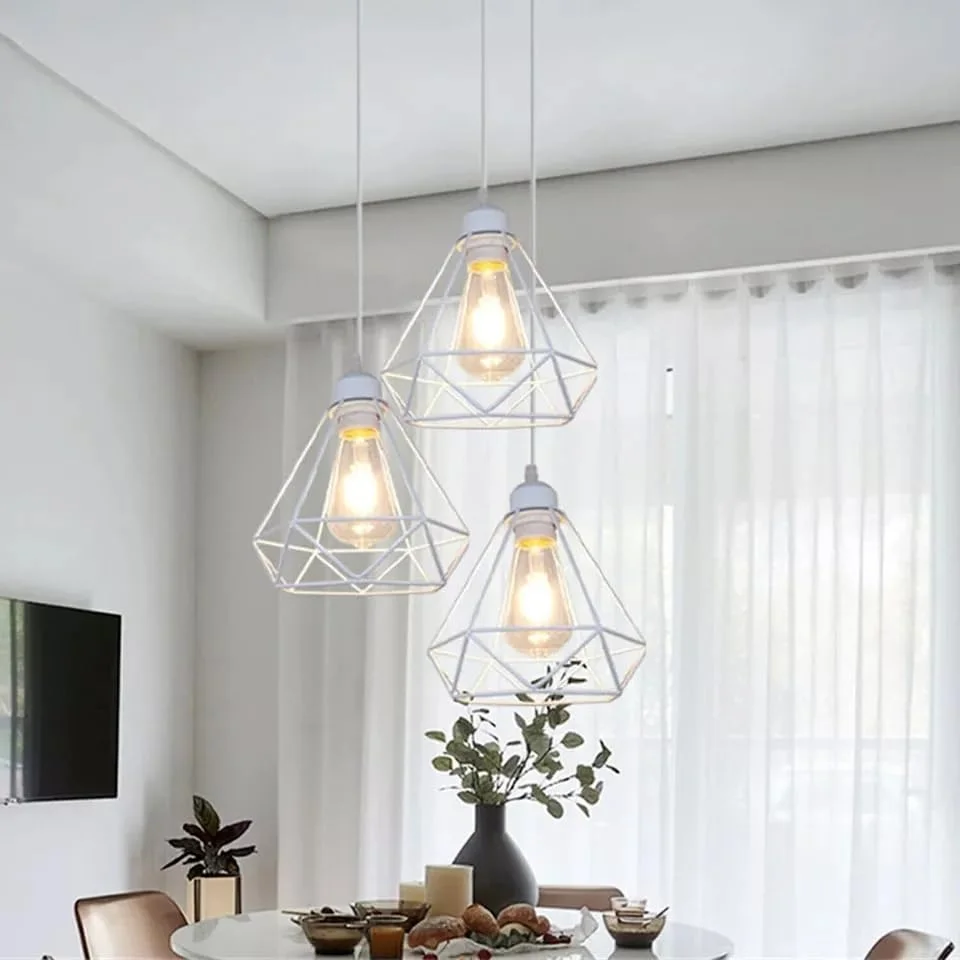 White industrial ceiling lampshade with diamond metal wire cage design, easy fit, painted finish, 20cm height and width