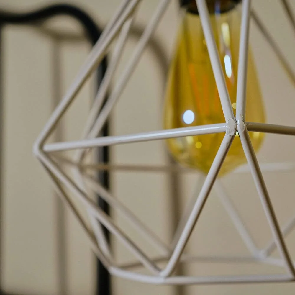 White industrial ceiling lampshade with diamond-shaped metal wire cage, easy fit design, and rust-resistant finish