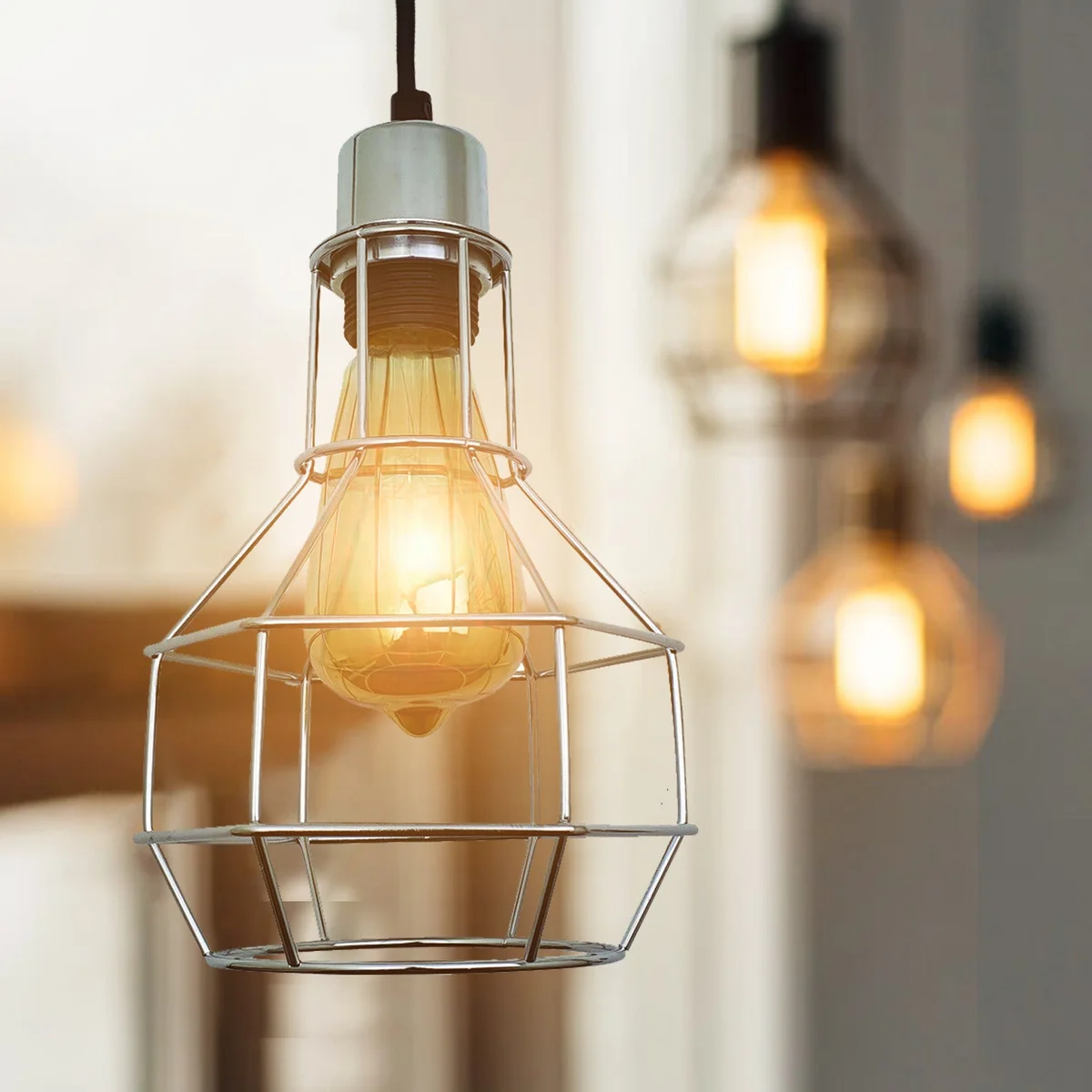 Vintage metal lamp shade in nest-shaped wire cage design, industrial style, black iron, suitable for ceiling or table light