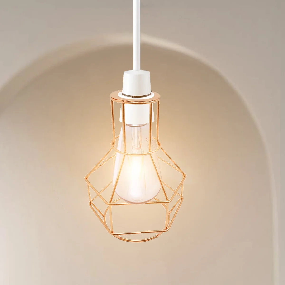 Vintage metal lamp shade in nest wire cage design, industrial style, shown from side angle with white reducing plate included