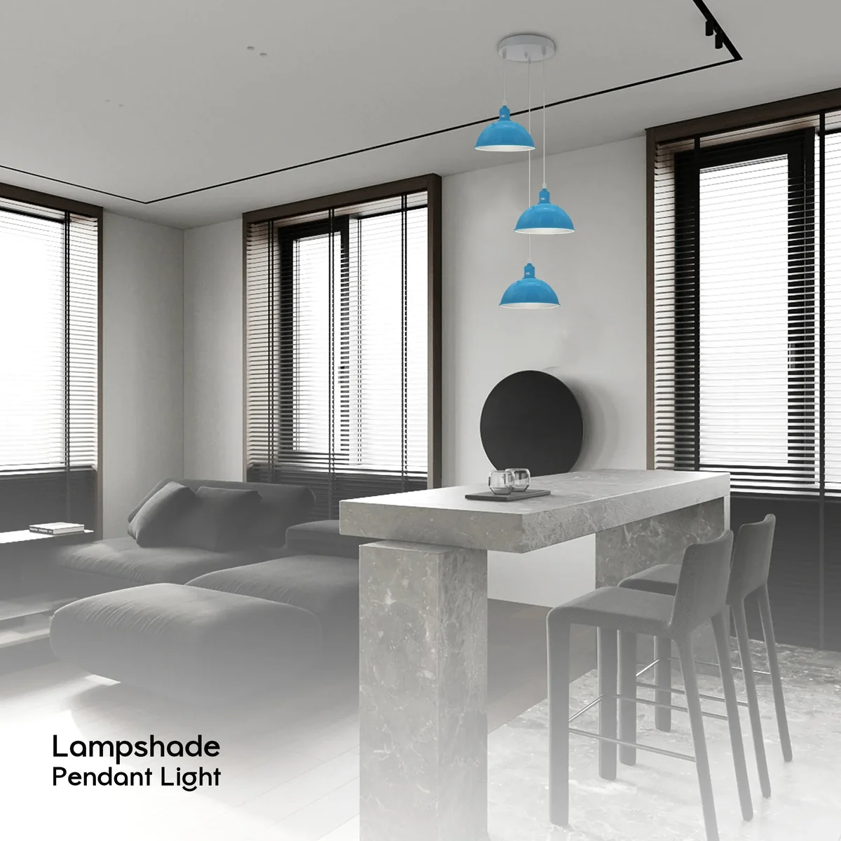 Three vintage-style metal and PVC shades on adjustable cords, dimmable ceiling light with E27 bulb fittings hanging indoors