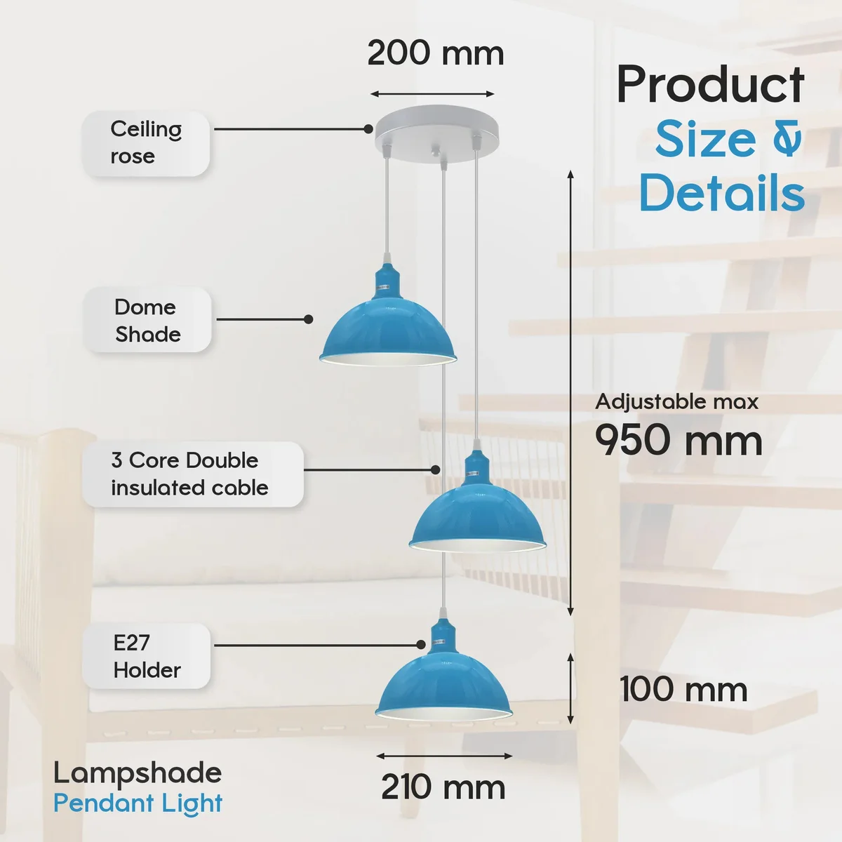 Three vintage-style metal and PVC shades hanging from adjustable cords on an E27 bulb pendant lamp with ceiling base