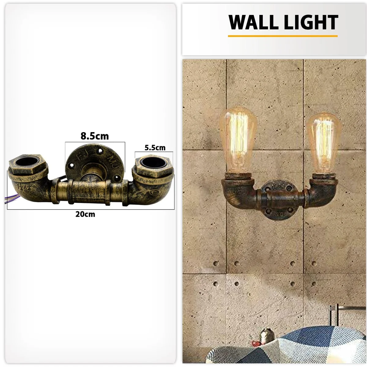 Brushed copper vintage industrial water pipe wall light with two E27 bulb holders mounted on a white wall