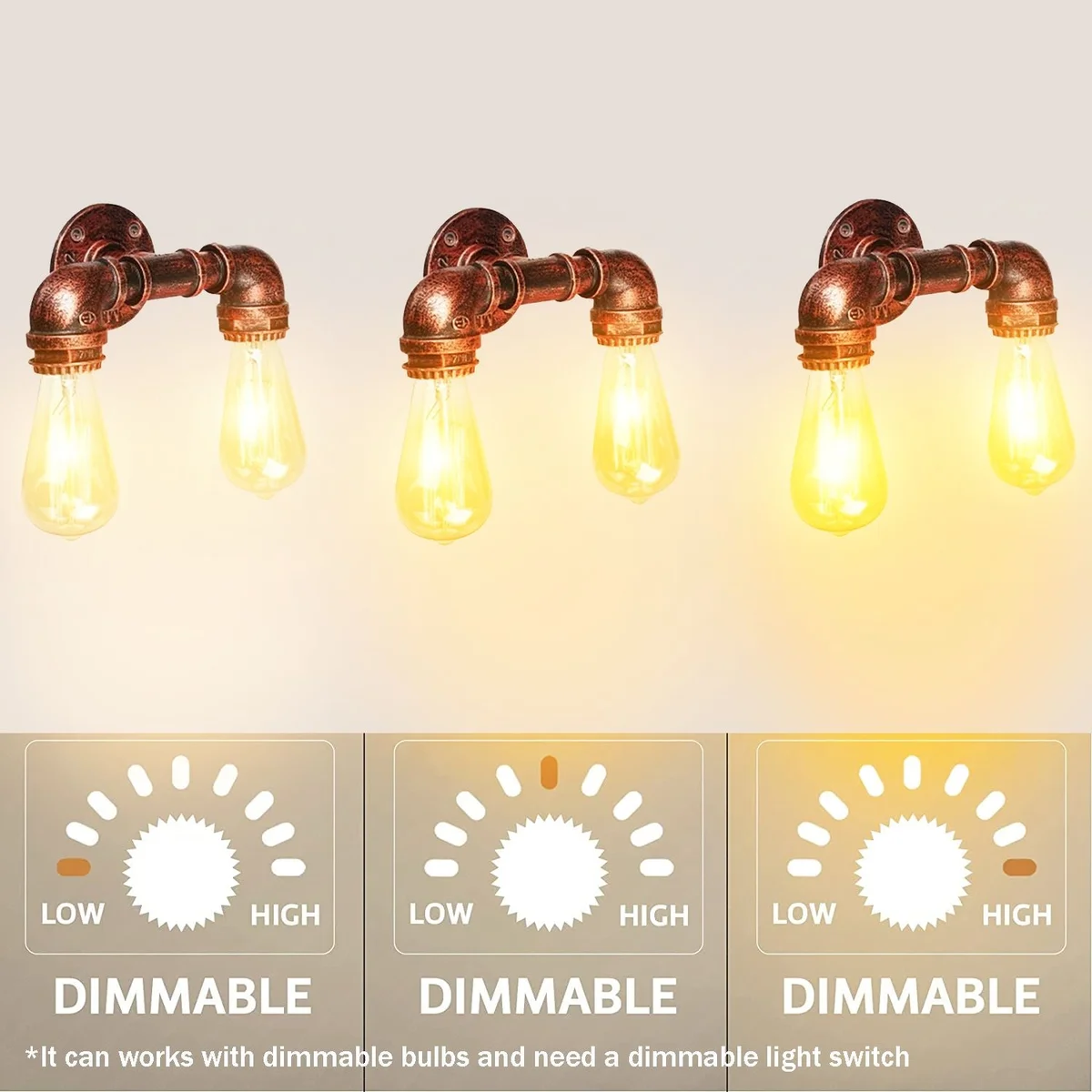 Rustic red indoor metal wall light with industrial water pipe design mounted on a white wall, showing two bulb holders
