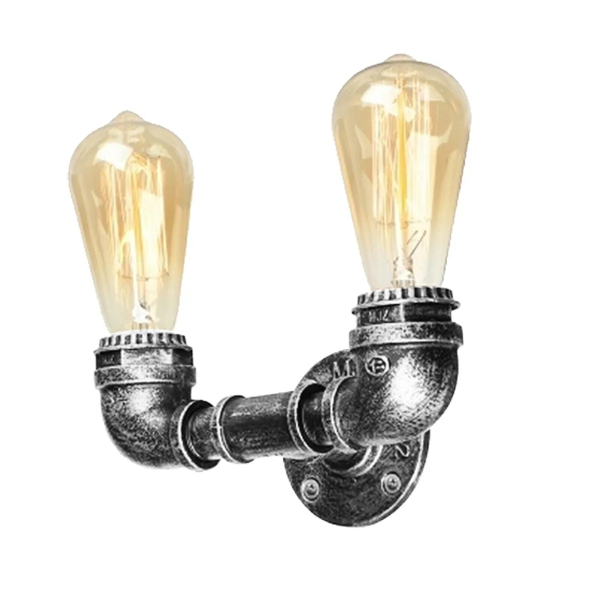 Brushed copper industrial wall light with dual E27 sockets mounted on a rustic red water pipe fixture
