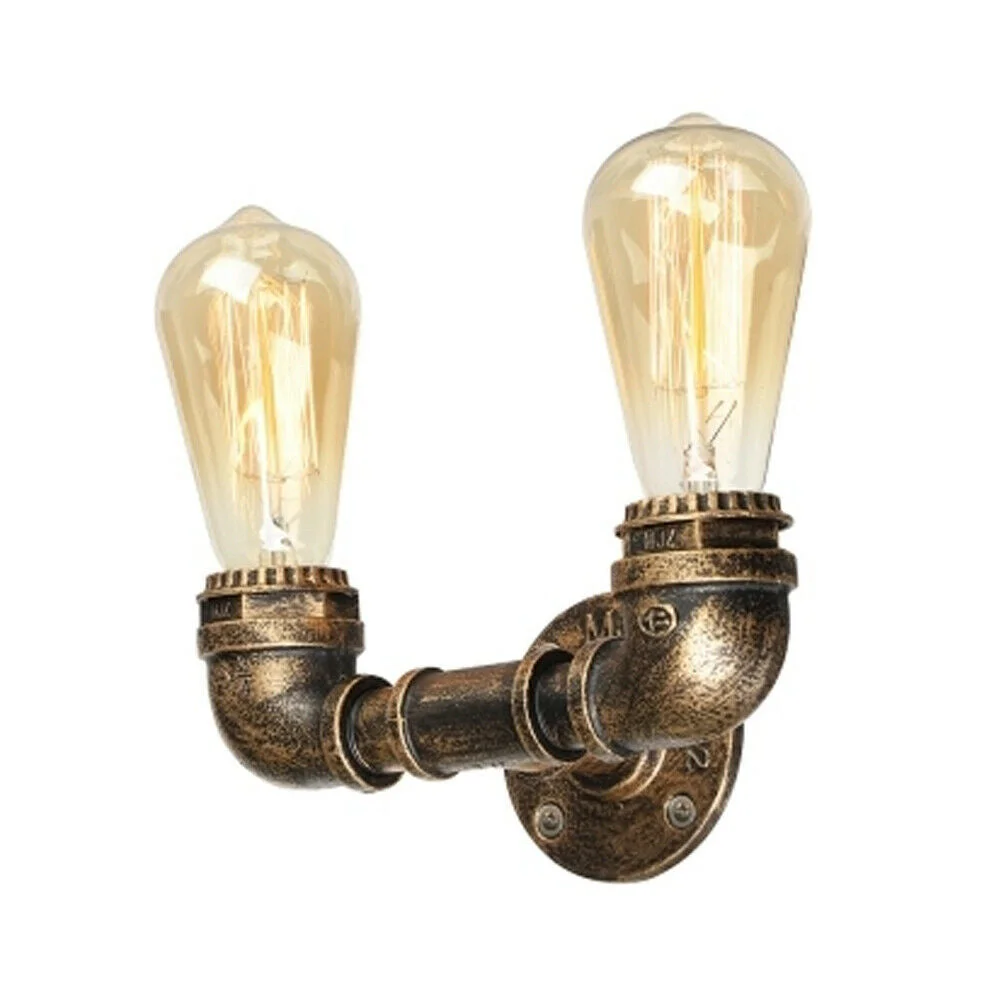 Brushed copper industrial wall light mounted on wall with two E27 bulb holders, steampunk water pipe design
