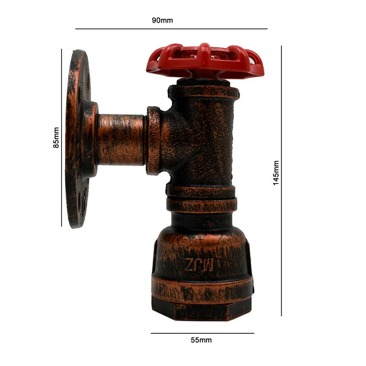 Rustic red industrial pipe wall lamp with iron construction and red valve, E27 fitting, steampunk style wall sconce