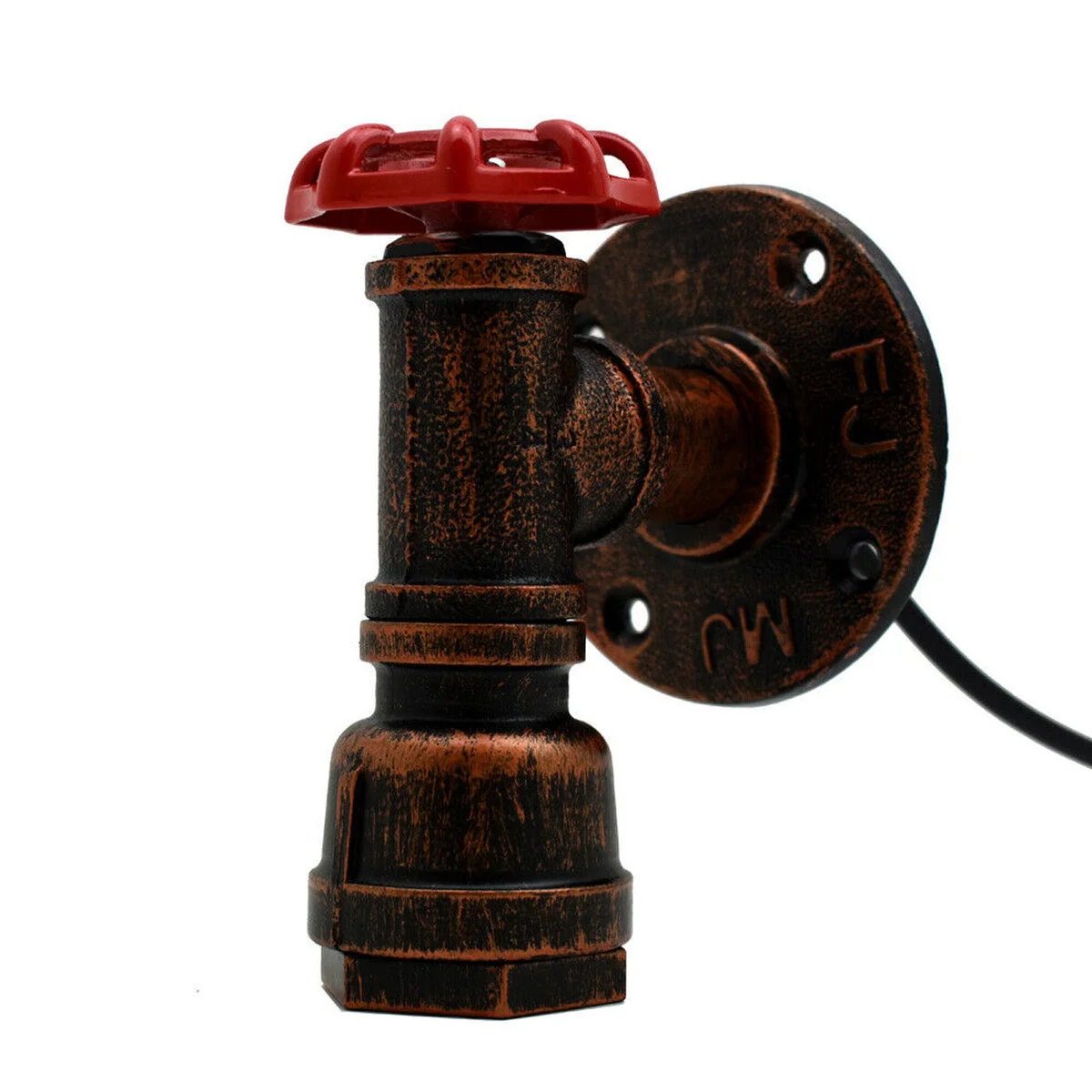 Rustic red steampunk water pipe retro wall fixture with iron construction and red valve detail on white background