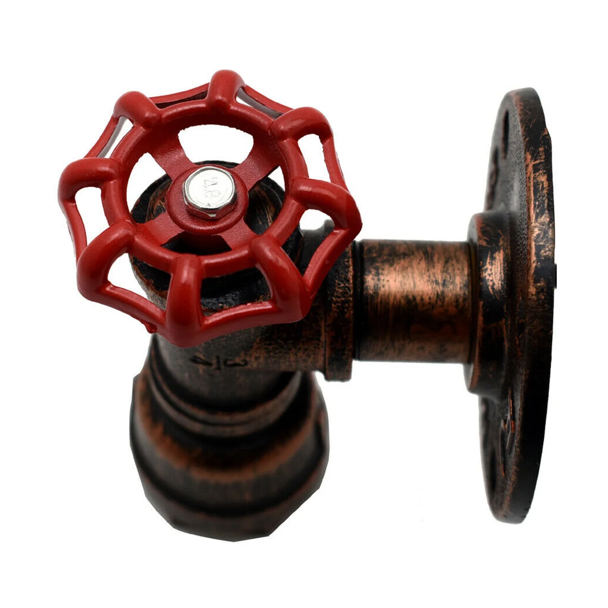 Rustic red wall sconce with industrial water pipe design and red valve, iron construction, E27 bulb fitting visible
