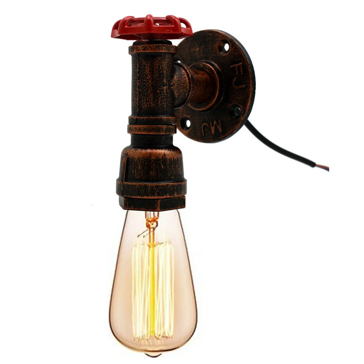 Steampunk water pipe E27 wall lamp in rustic red iron with red valve, industrial retro design on white background