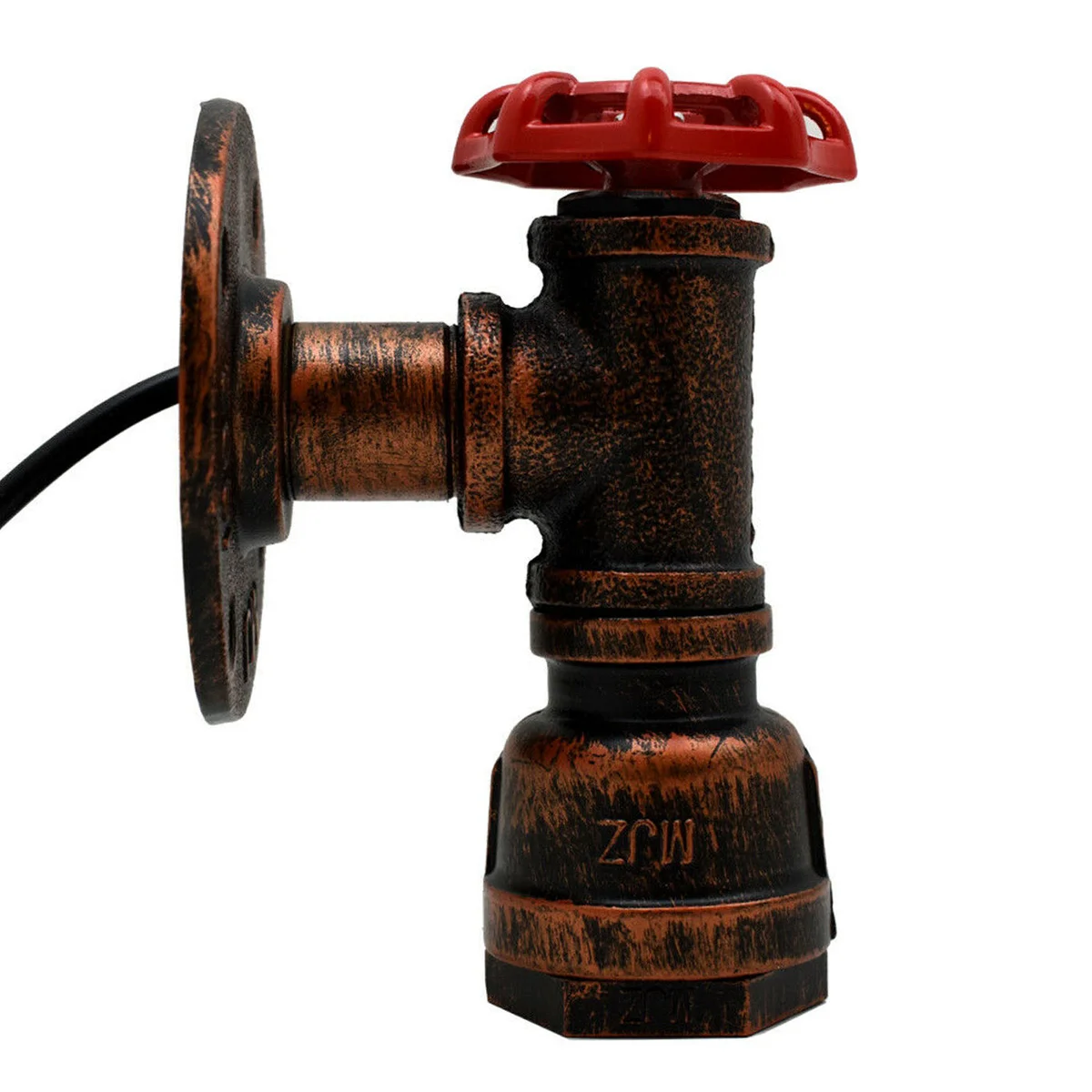Steampunk water pipe wall sconce with red valve and iron finish, ideal vintage wall lighting for industrial decor