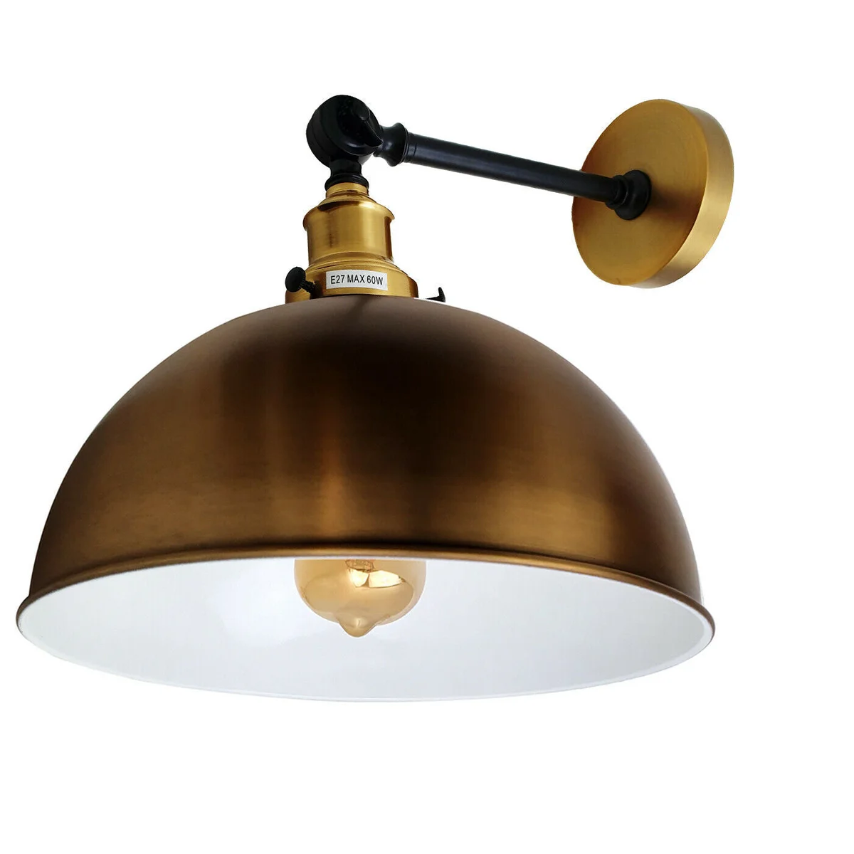 Vintage yellow brass adjustable wall sconce with dome shade and E27 bulb, mounted on a 25cm arm