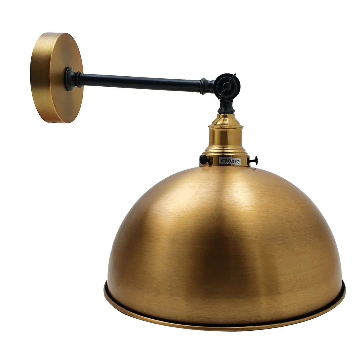 Yellow brass vintage style adjustable wall sconce with dome shade and E27 bulb wall light fitting kit displayed on white background