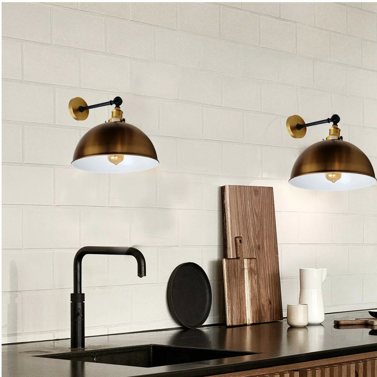 Yellow brass dome pendant light with adjustable arm and white interior, mounted on a wall sconce fitting kit