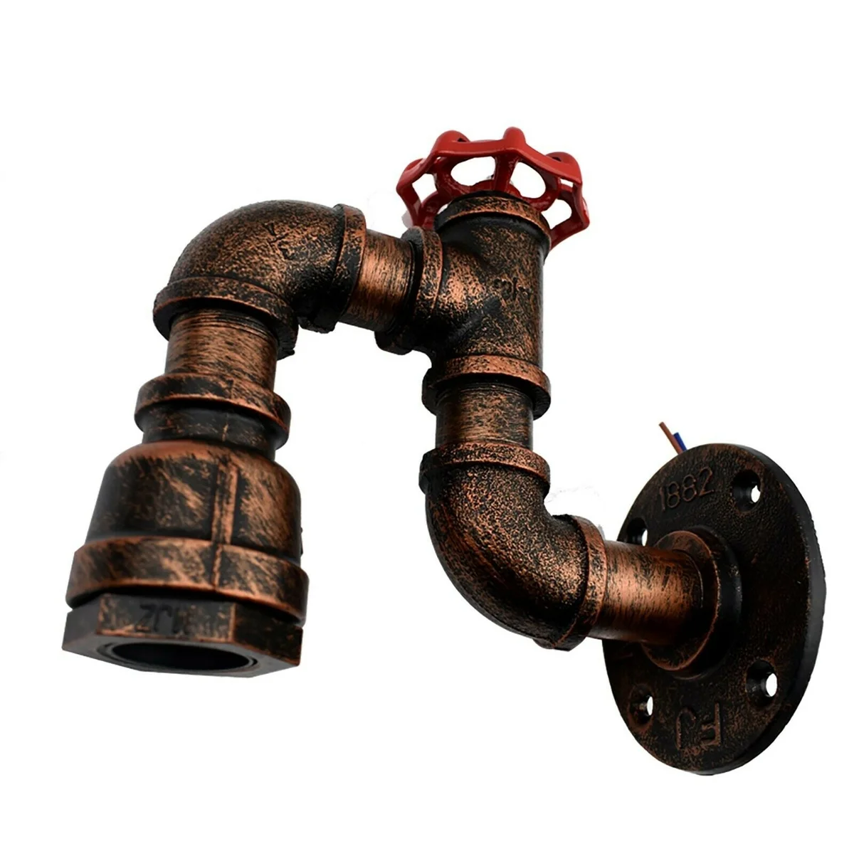 Rustic red and vintage brass industrial wall light made from water pipes with exposed bulb and black accents