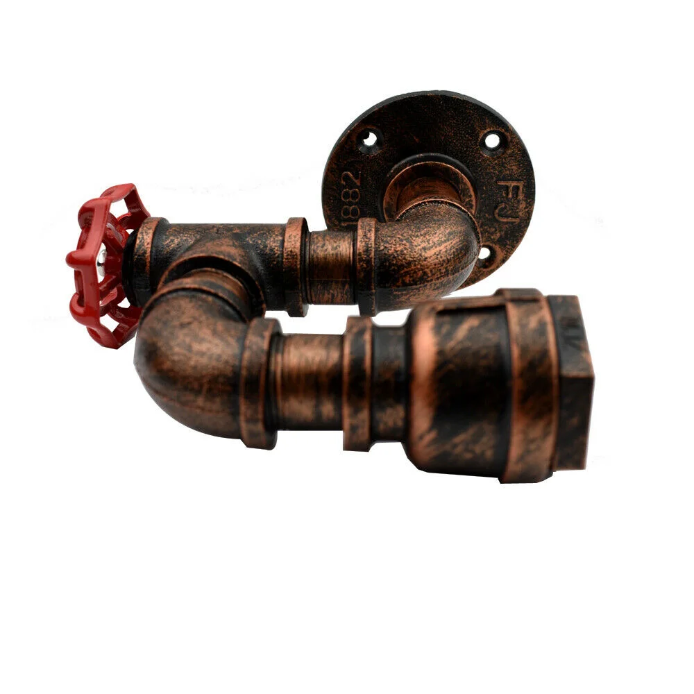 Rustic pipe lighting wall lamp in black, rustic red, and vintage brass with exposed bulb, industrial steampunk style