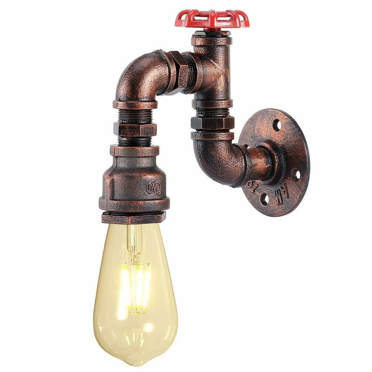 Rustic red and vintage brass steampunk wall lamp made from industrial water pipes, with exposed bulb and black accents