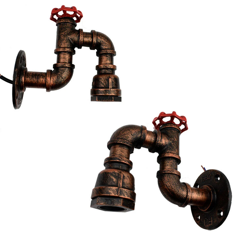 Rustic red and vintage brass industrial pipe wall lamp with incandescent bulb, vintage style lighting for living spaces