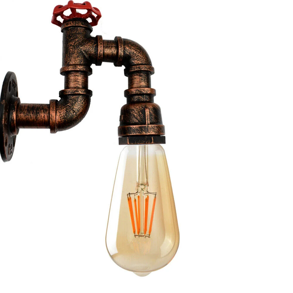 Industrial-style black and red lamp made from vintage pipes with rustic brass accents, wall-mounted with bulb included
