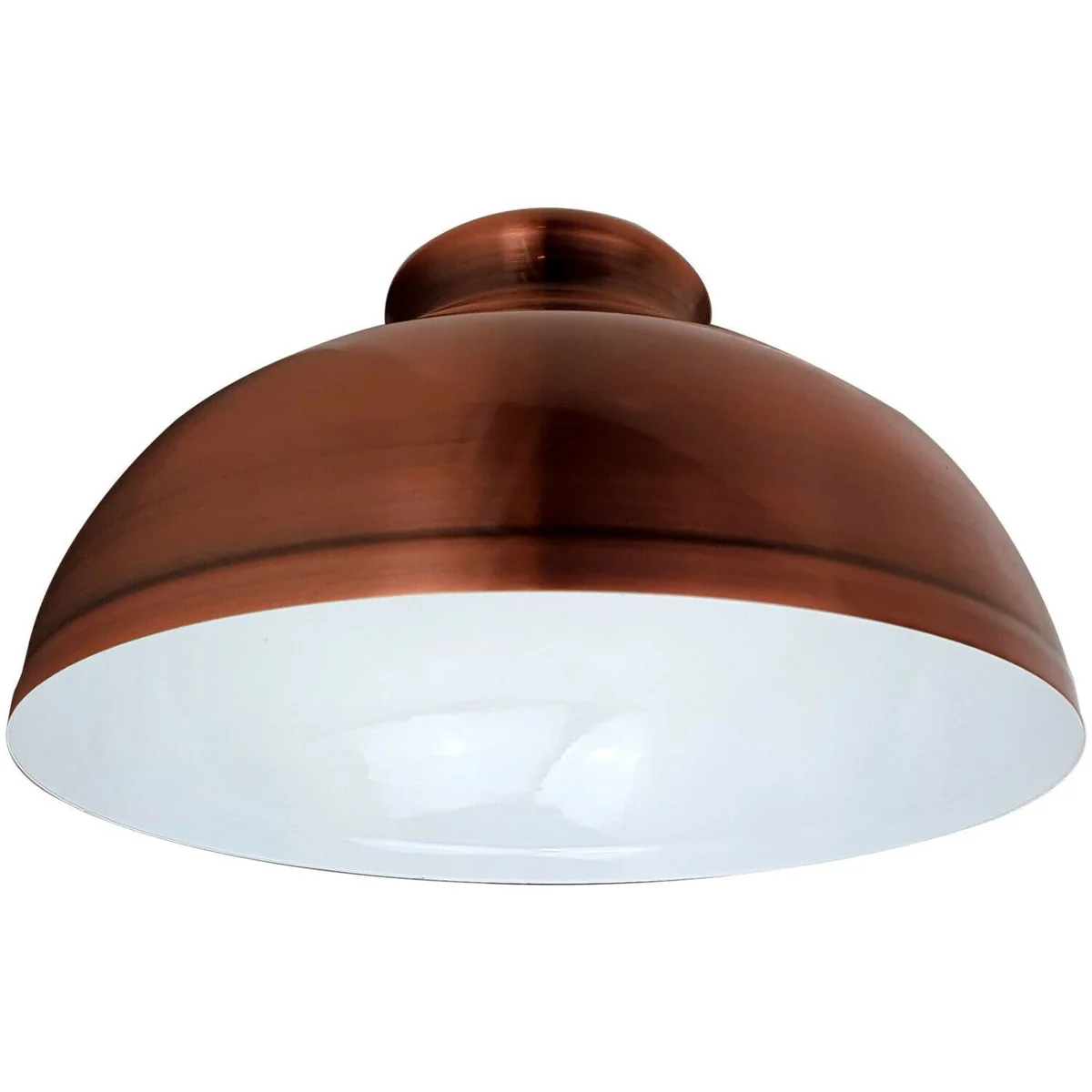 Copper industrial pendant light with vintage metal lampshade and brushed effect finish hanging against white background